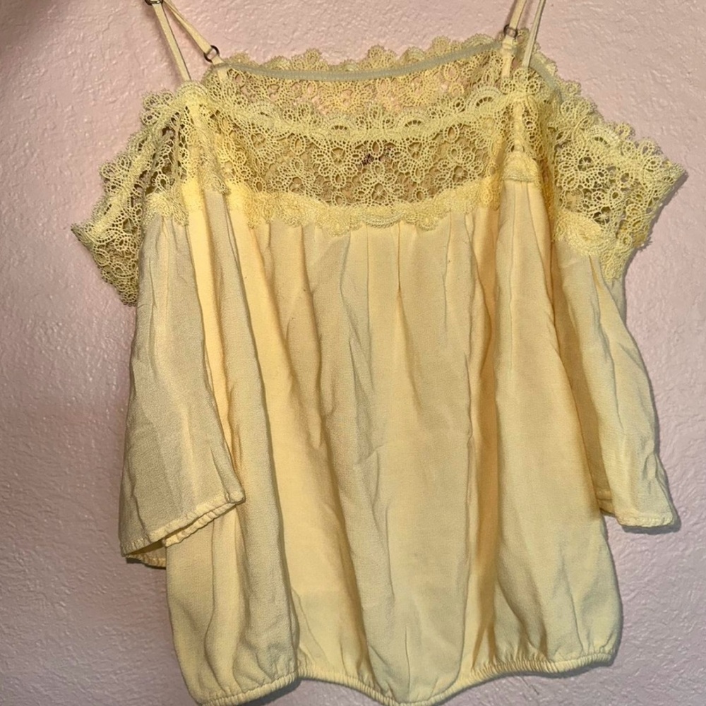 Yellow Lace Trim Cold Shoulder Top